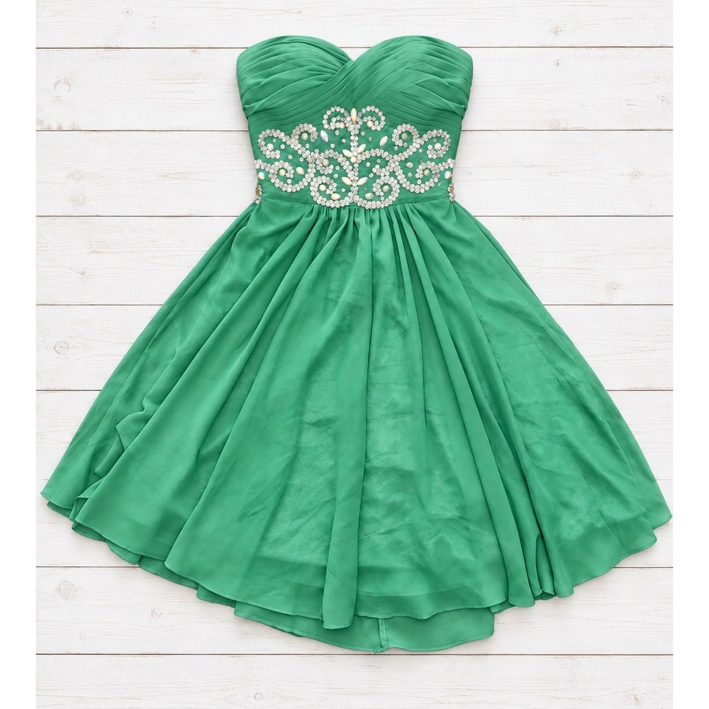 Green Strapless Beaded Chiffon Mini Dress Formal Prom Homecoming Gown Small